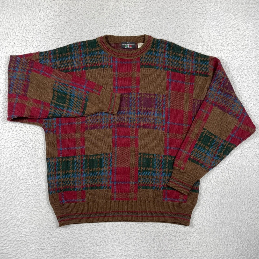 Italian Sweater Co Sweater Mens XL Brown Plaid Wool Blend Vintage Grandpa Retro